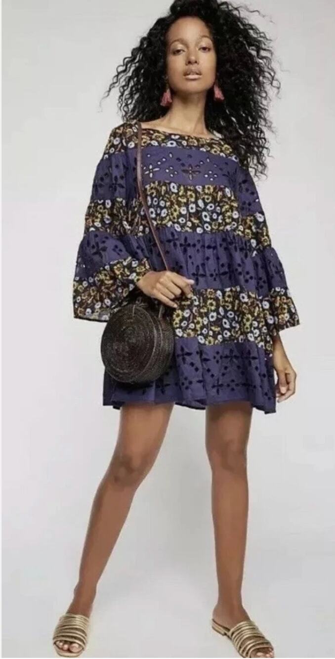 Free People Womens 6 Purple Bali Electric Daisy Cutwork Eyelet Mini Dress NWT